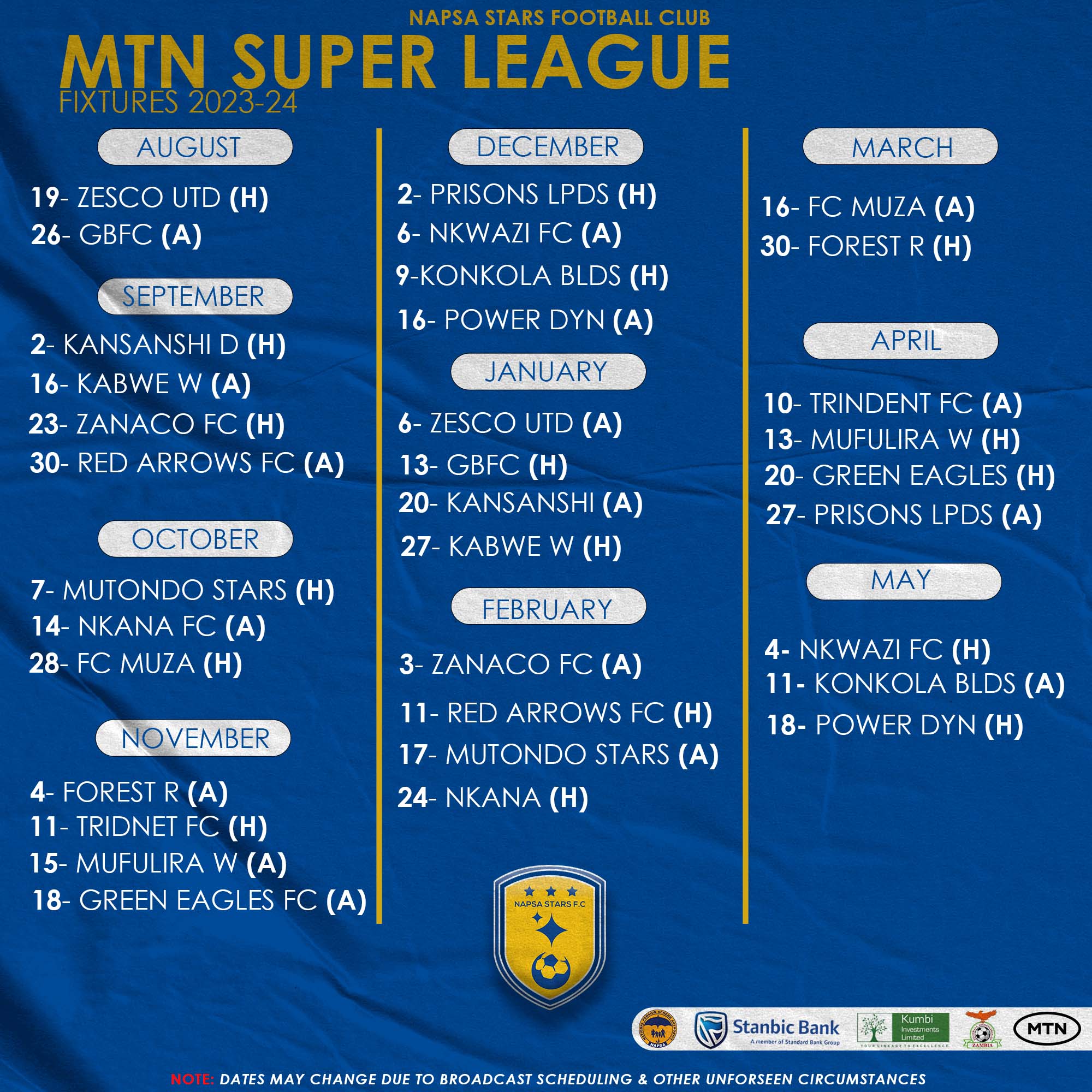 NAPSA'S 2023/24 MTN SUPER LEAGUE FIXTURES RELEASED NAPSA Stars F.C.