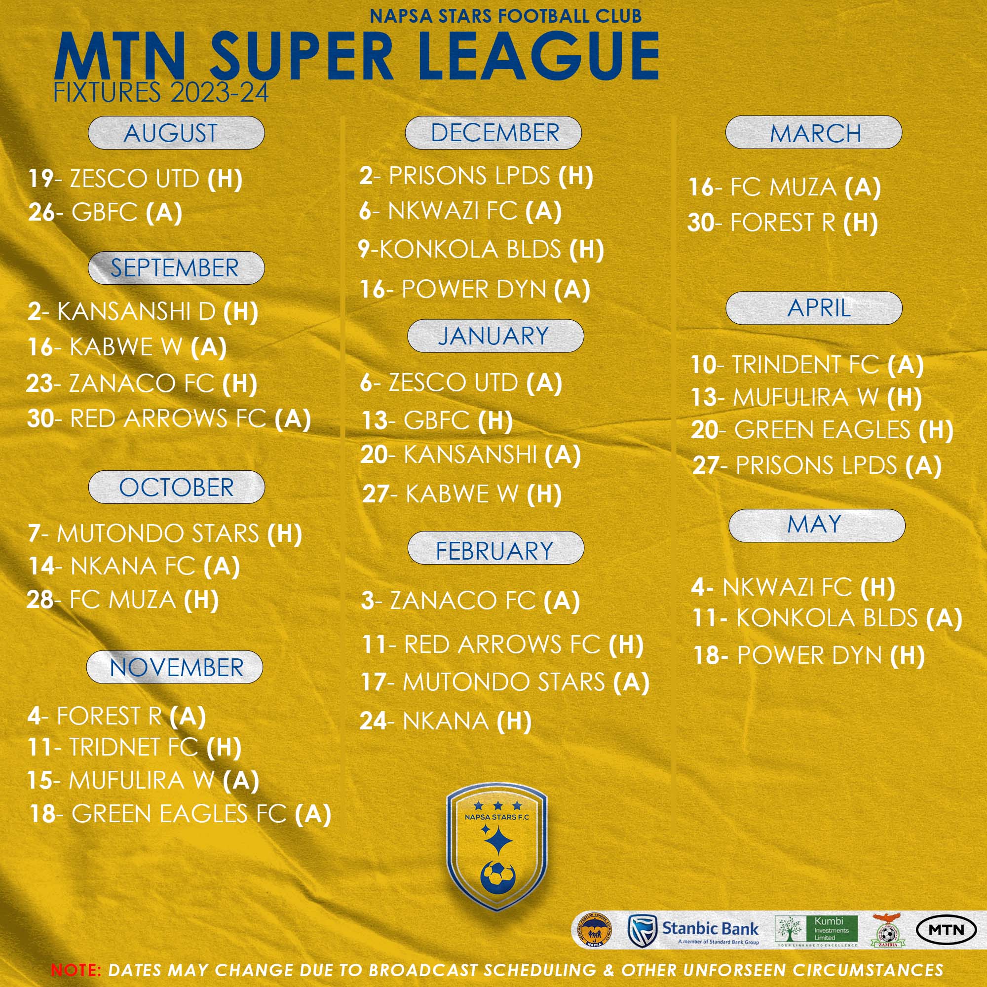 NAPSA'S 2023/24 MTN SUPER LEAGUE FIXTURES RELEASED NAPSA Stars F.C.